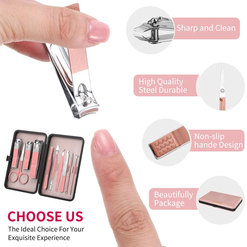 ZIZZON Travel Mini Manicure Set Nail Clipper Set 10 in 1 Stainless Steel Pedicure Care Grooming kit with Case Pink - Image 3